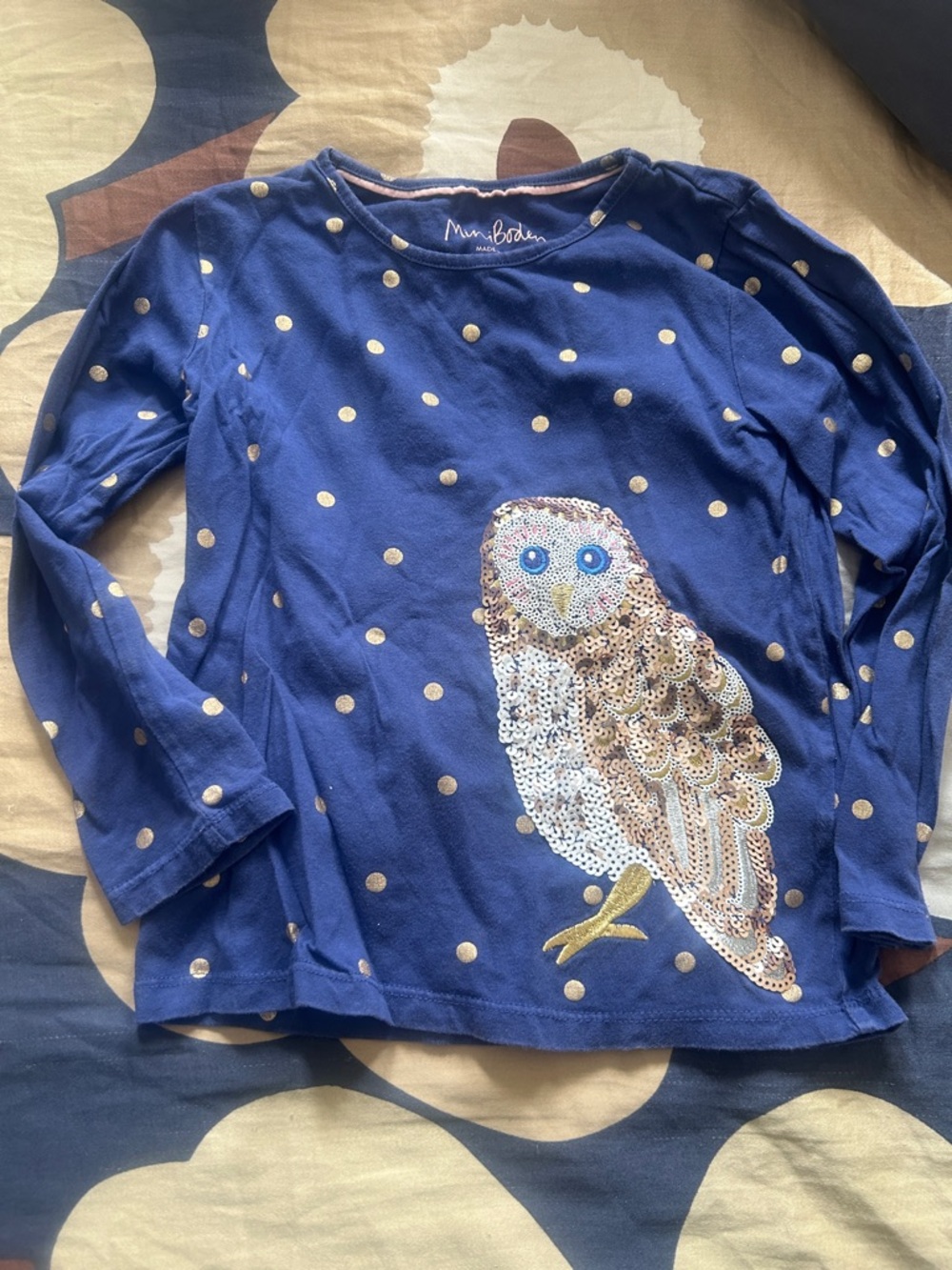 Mini Boden Navy Long-Sleeve Tee with Sequin Owl and Gold Dots